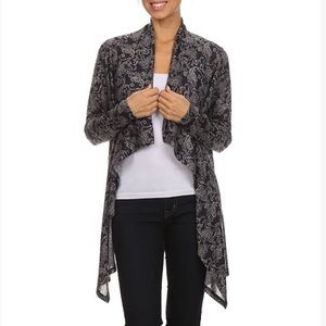Pretty Young Thing-Navy Paisley Open Cardigan Front angled 30” L- NWT